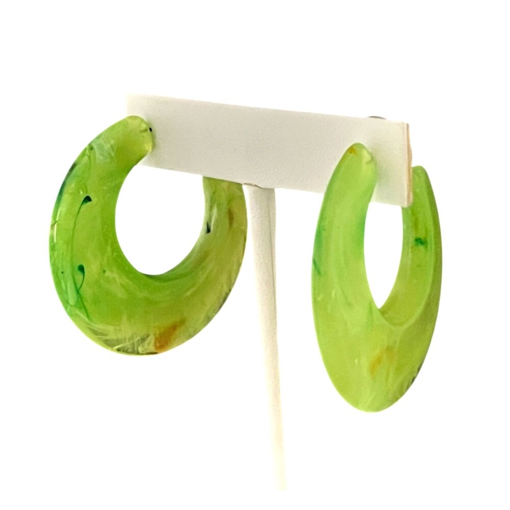 Vintage 1980s Earrings Lucite Hoops Gold Plated Green Original Stock  4V